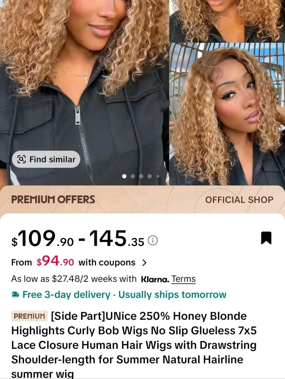 Unice 10inch Curly Bob Wig Honey Blond 7x5 Glueless